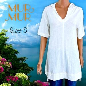 Mur Mur Off-White Ribbed Hi/Lo Short Sleeve Hooded Tunic